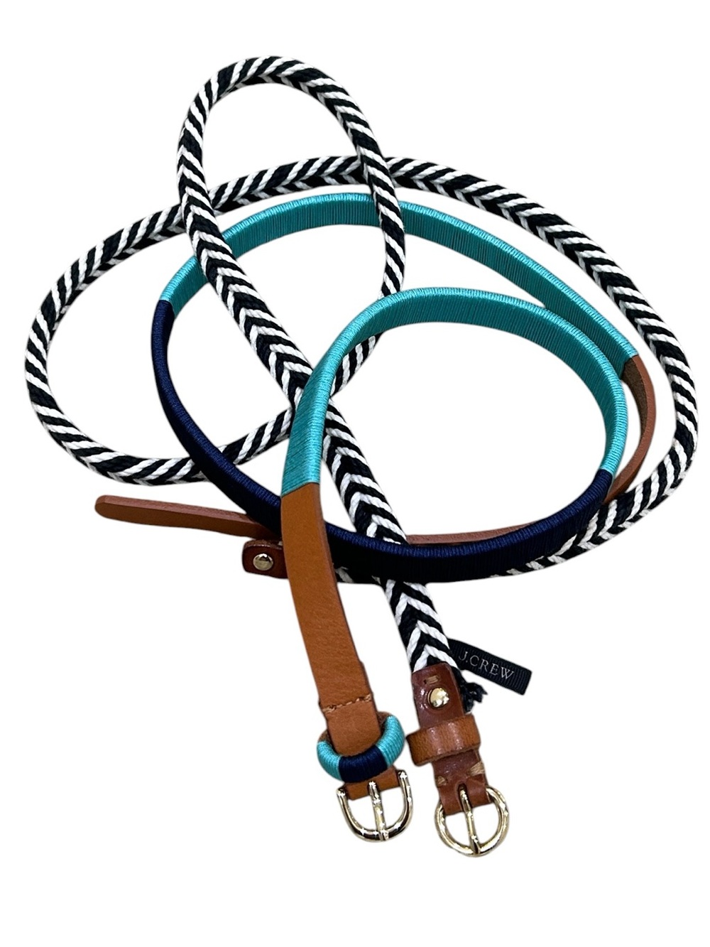 J Crew pair thin tan belts - navy/white stripe rope & turquoise/navy woven small